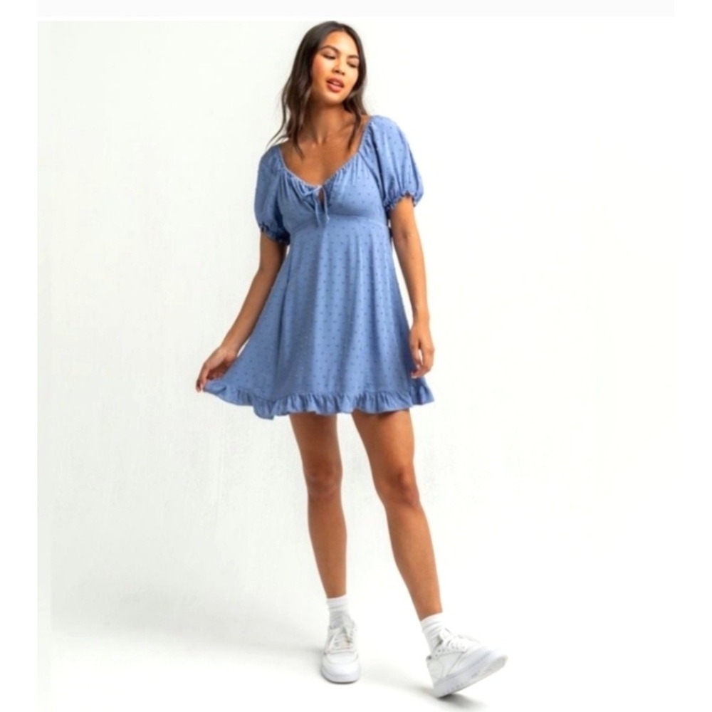 Sky and‎ Sparrow Periwinkle Blue Swiss Dot Puff Sleeve Ruffle Mini Dress Large